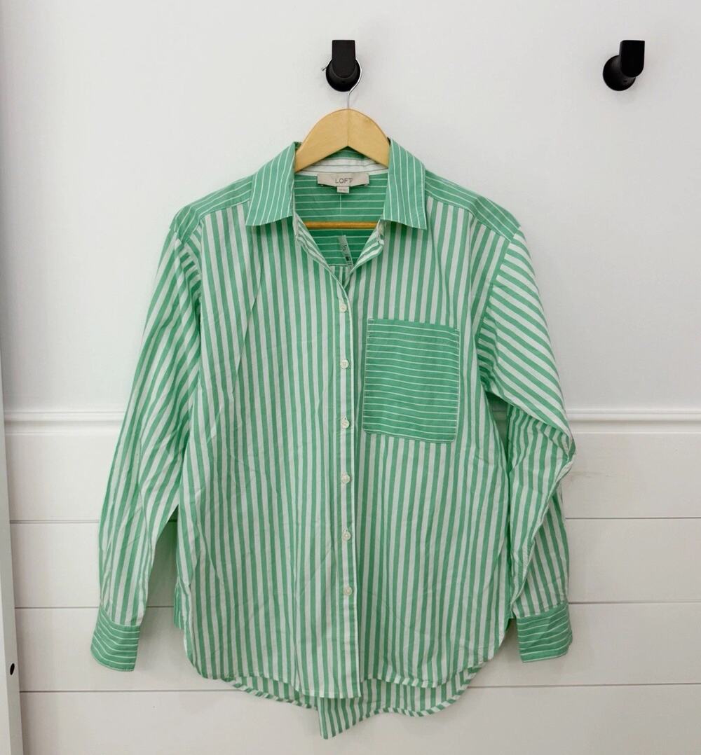 Women’s LOFT Green White Striped Woven Button Up Collared Shirt Top XS